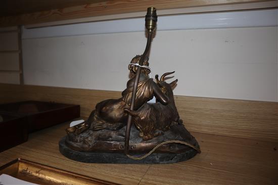 A bronzed metal classical figural lamp on marble base, modelled as a lady feeding a goat length 37cm